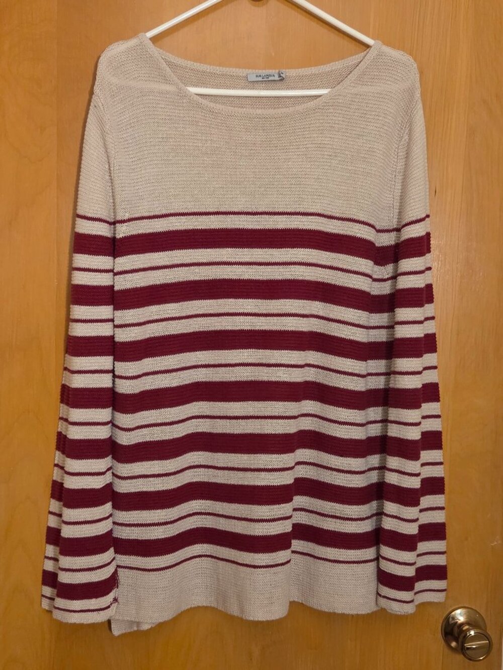 MM Lafleur 100% Linen Knit Tunic Sweater Womens XXL Breton Stripe Red Semi Sheer